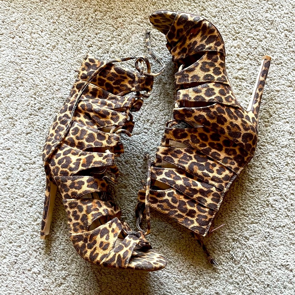 Leopard Open-Toe Strappy Heels